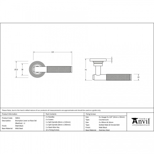 Matt Black Brompton Lever on Rose Set (Beehive Rose) - Unsprung